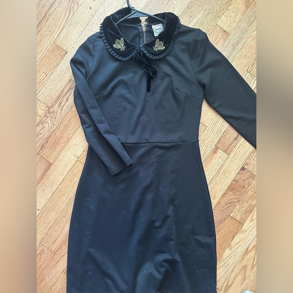 Joanie clothing black dress with velvet Peter Pan collar with bee embroidery.